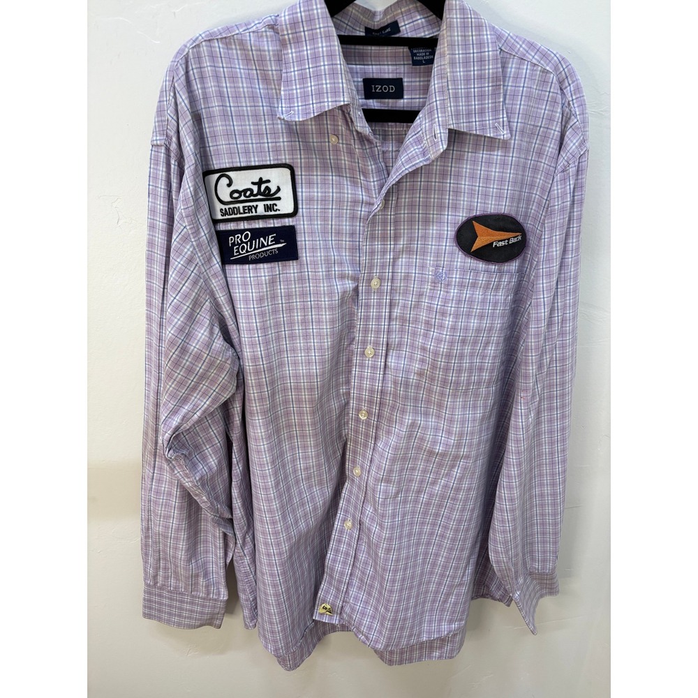 Izod Mens Large Purple Plaid Button Down Shirt Coate Saddlery Fast Back Patches